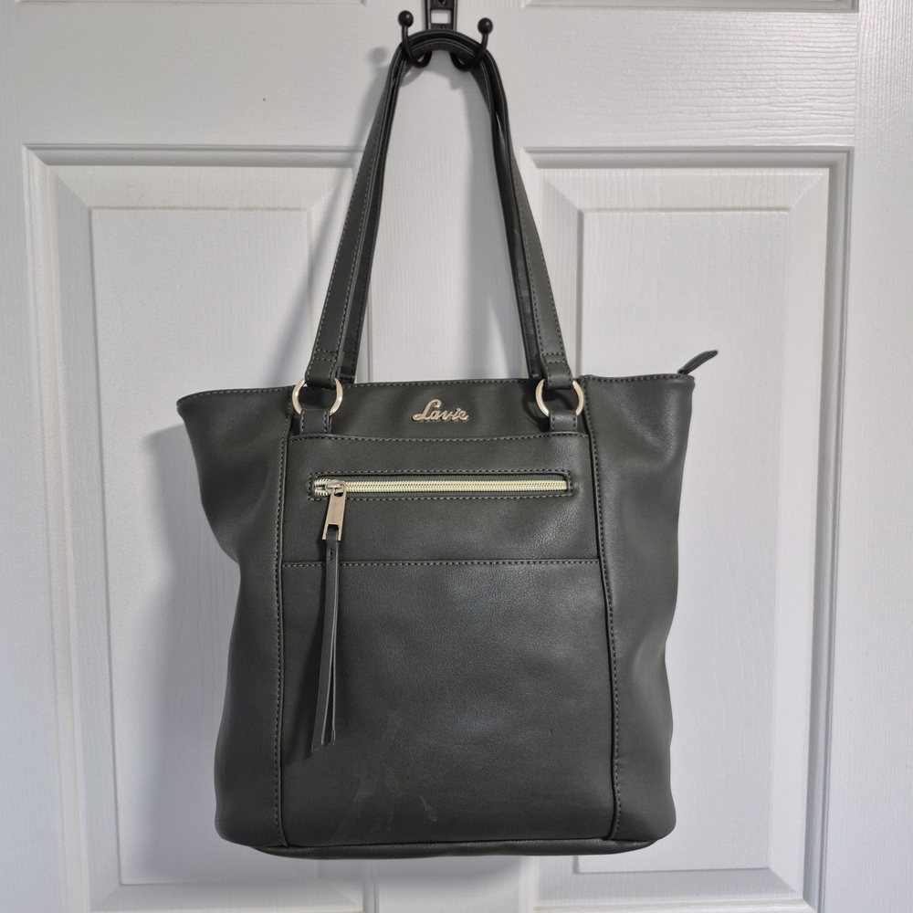 Lavie Olive Green Shoulder Tote Multi-pocket Gold Accents Zip Closure